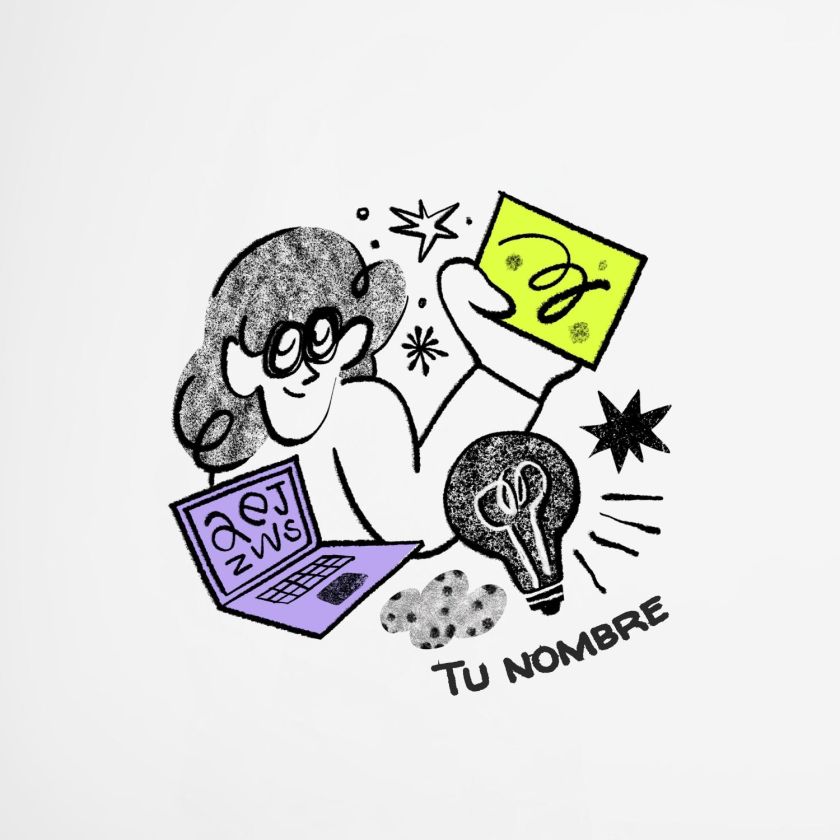 dibujo artístico estilo sketchy con personaje creativo, ordenador portátil y bombilla de inspiración