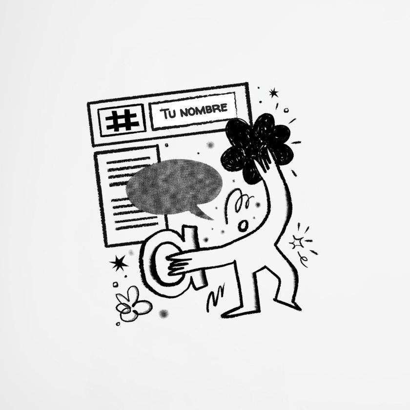 ilustración artística en blanco y negro con personaje, símbolos y espacio para nombre en portada de libreta