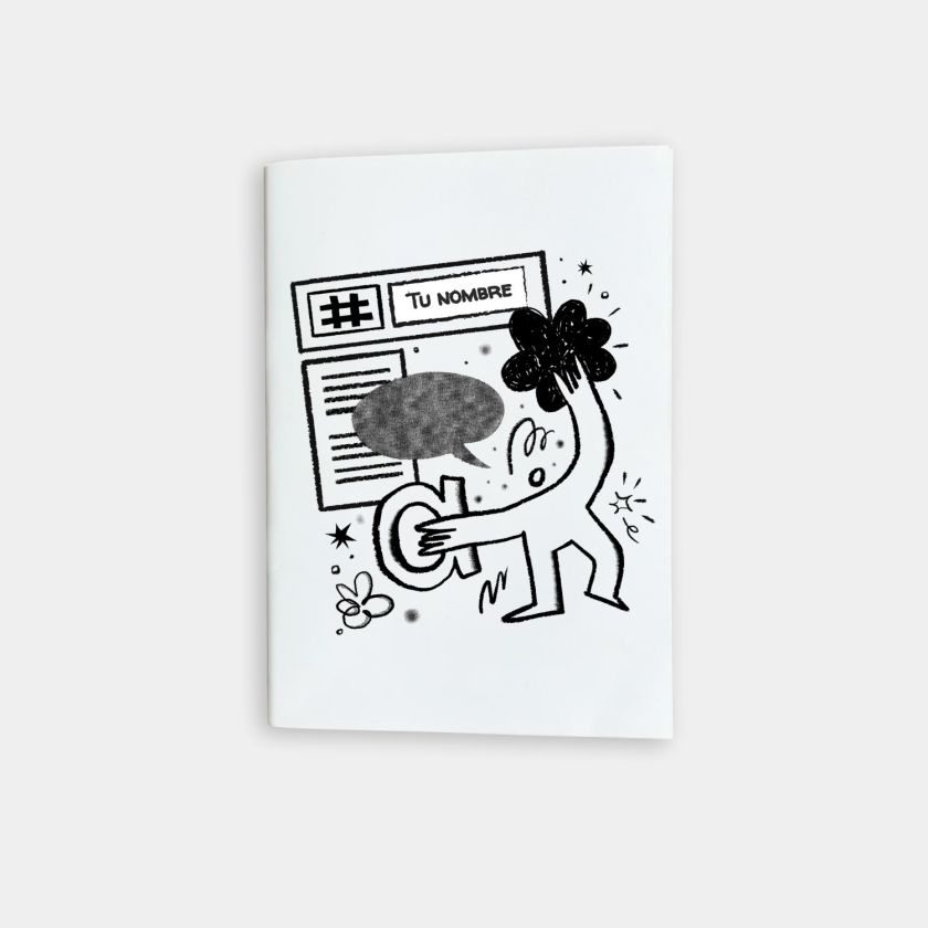 libreta con diseño ilustrado minimalista en blanco y negro, personalizable con tu nombre, ideal para notas y creatividad