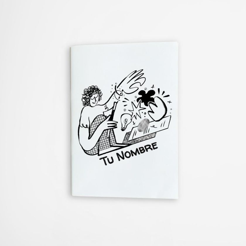 libreta con diseño artístico en blanco y negro de personaje creativo dibujando, ideal para personalizar con tu nombre