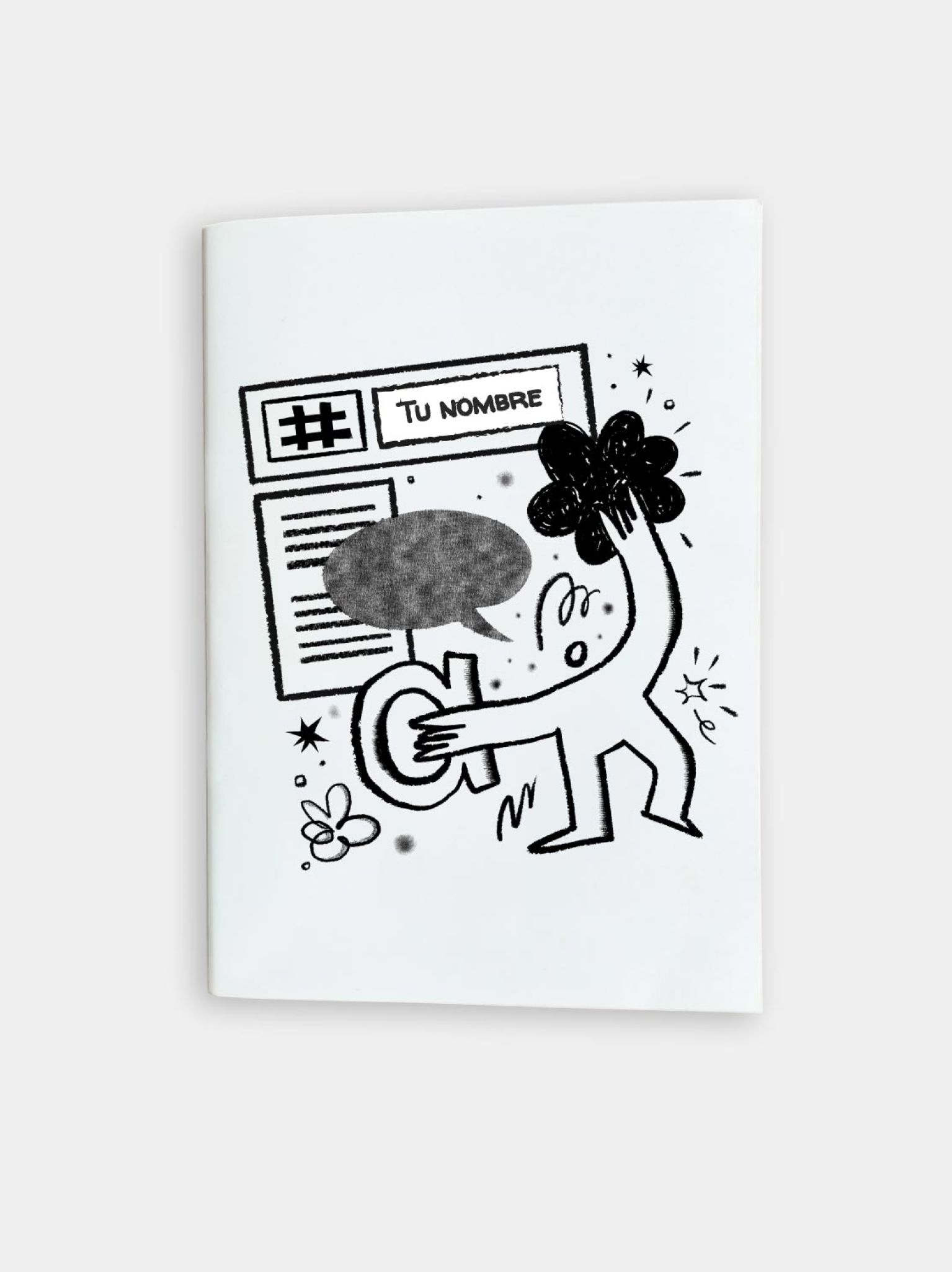 libreta con diseño ilustrado minimalista en blanco y negro, personalizable con tu nombre, ideal para notas y creatividad