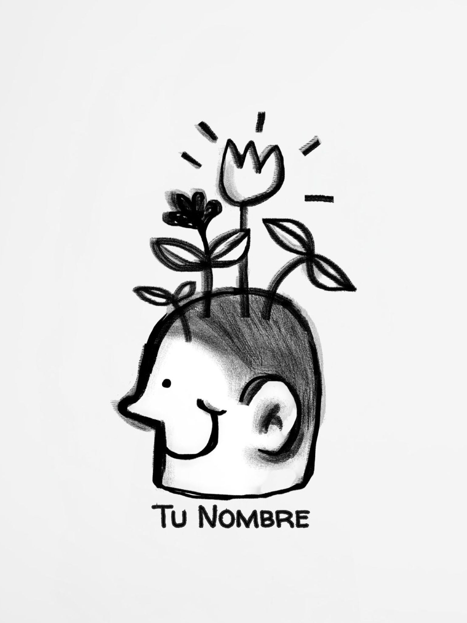 diseño artístico en blanco y negro de un personaje sonriente con plantas y flores creciendo de su cabeza, estilo minimalista y moderno