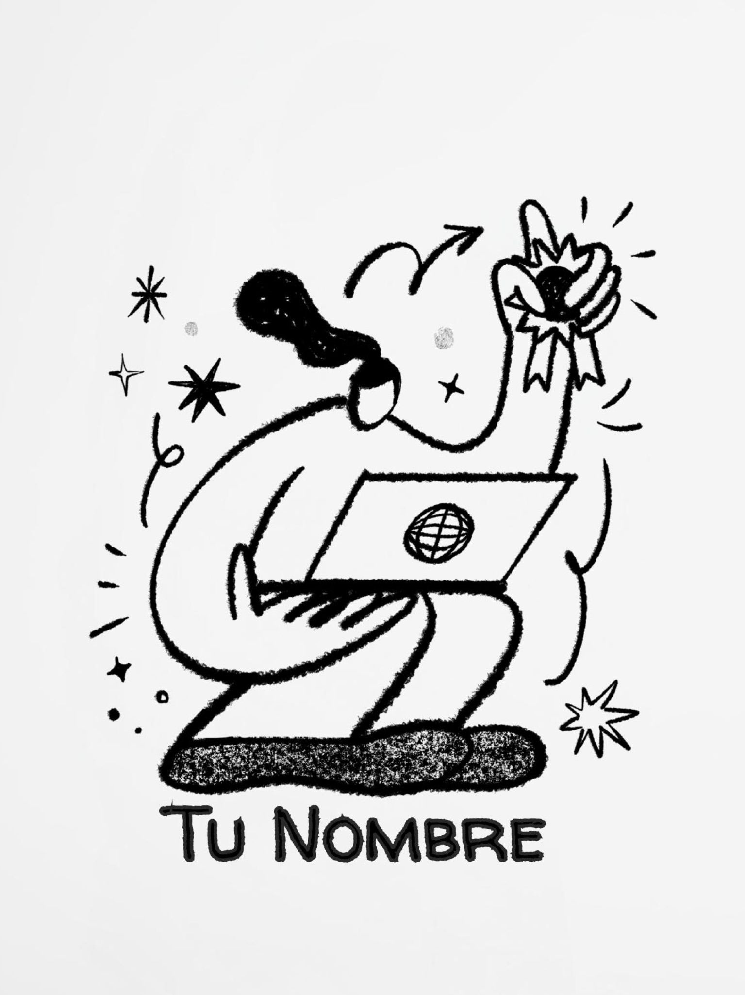 diseño artístico en blanco y negro de personaje con ordenador portátil levantando una medalla de logro, estilo moderno y minimalista