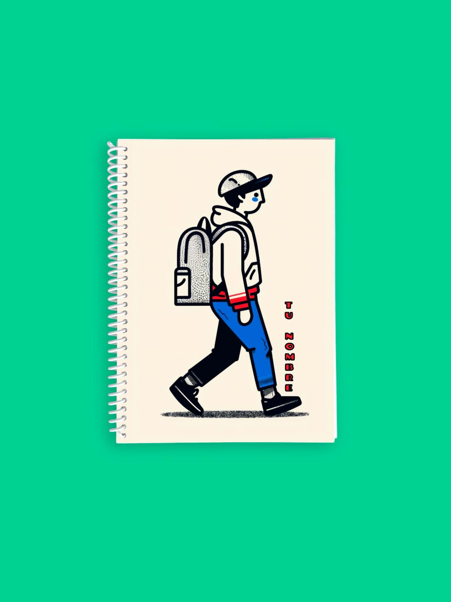 libreta personalizada de espiral con ilustración de joven caminando con mochila, estilo creativo y moderno