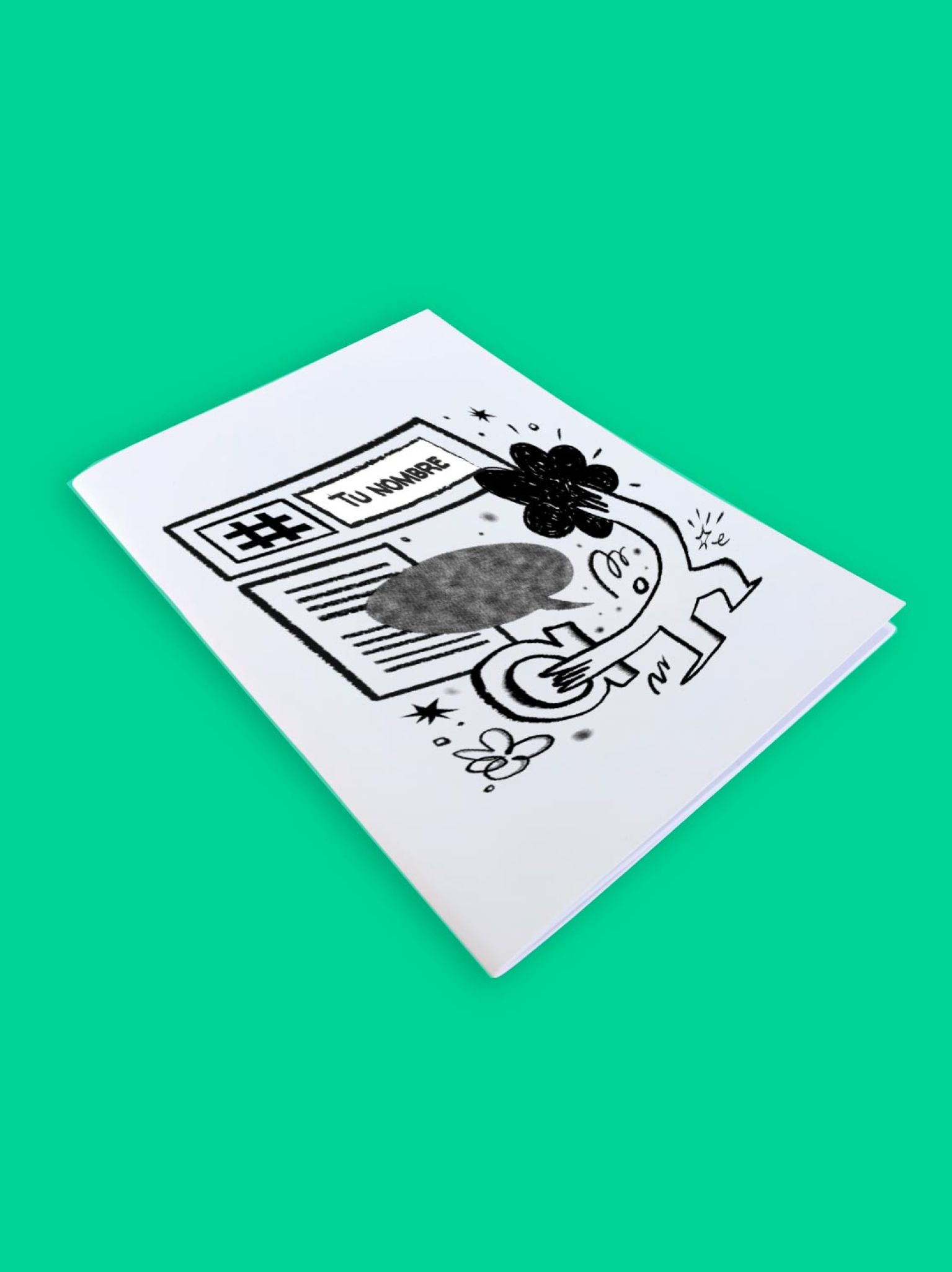 libreta grapada con diseño artístico en blanco y negro, ilustración de personaje con símbolos y espacio para nombre