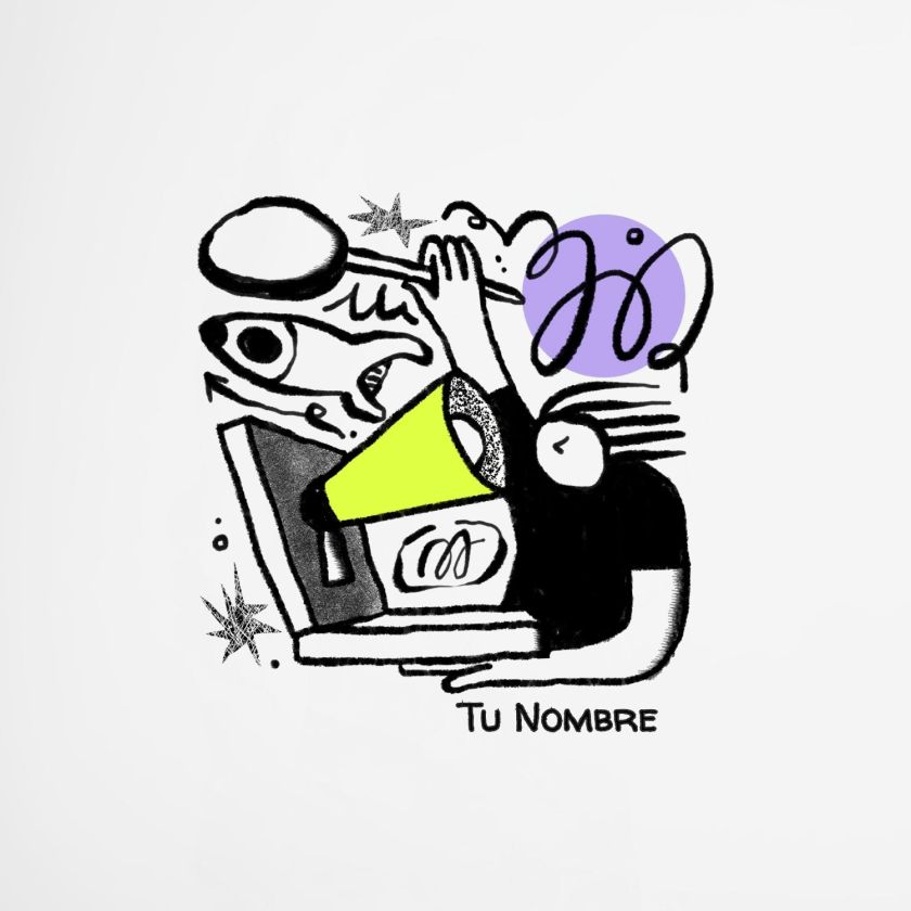 diseño artístico con megáfono, peces y elementos gráficos modernos, ideal para portada de libreta personalizada