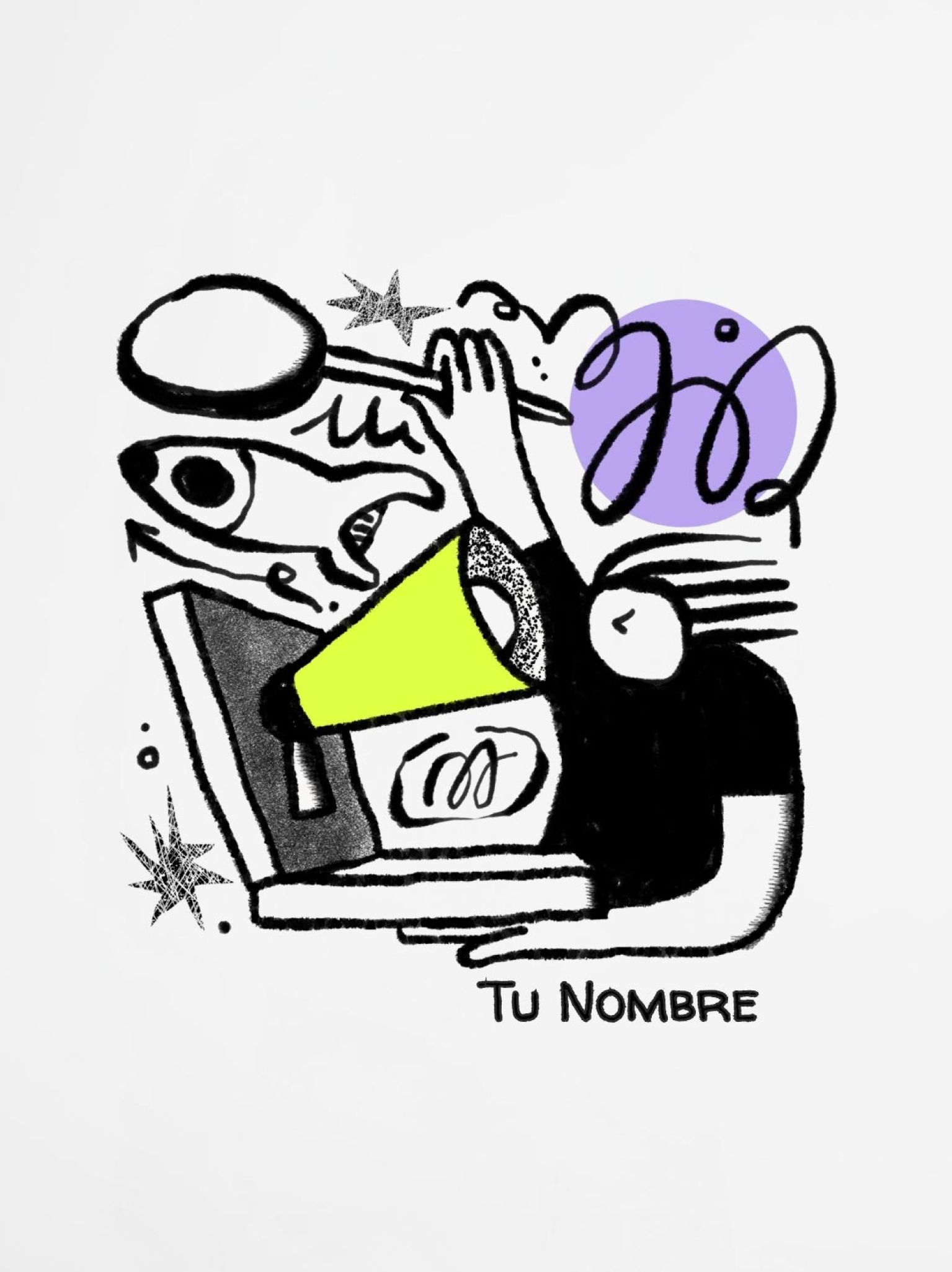 diseño artístico con megáfono, peces y elementos gráficos modernos, ideal para portada de libreta personalizada