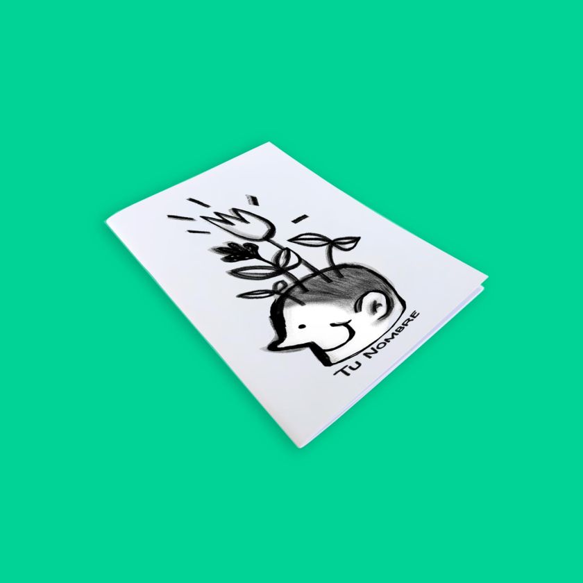 portada de libreta artística en blanco y negro con un personaje sonriente del que brotan plantas y flores, diseño creativo y personalizable