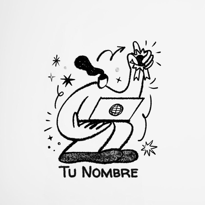 diseño artístico en blanco y negro de personaje con ordenador portátil levantando una medalla de logro, estilo moderno y minimalista