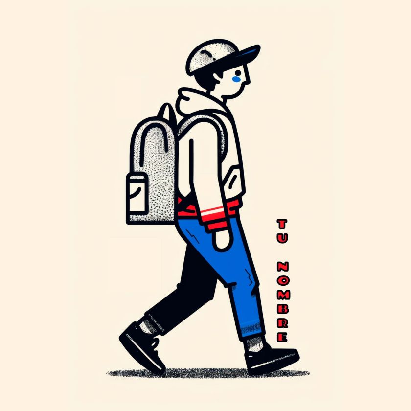 diseño artístico en estilo moderno de un niño con gorra y mochila caminando, ideal para personalizar libretas o cuadernos