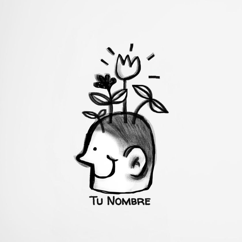 diseño artístico en blanco y negro de un personaje sonriente con plantas y flores creciendo de su cabeza, estilo minimalista y moderno