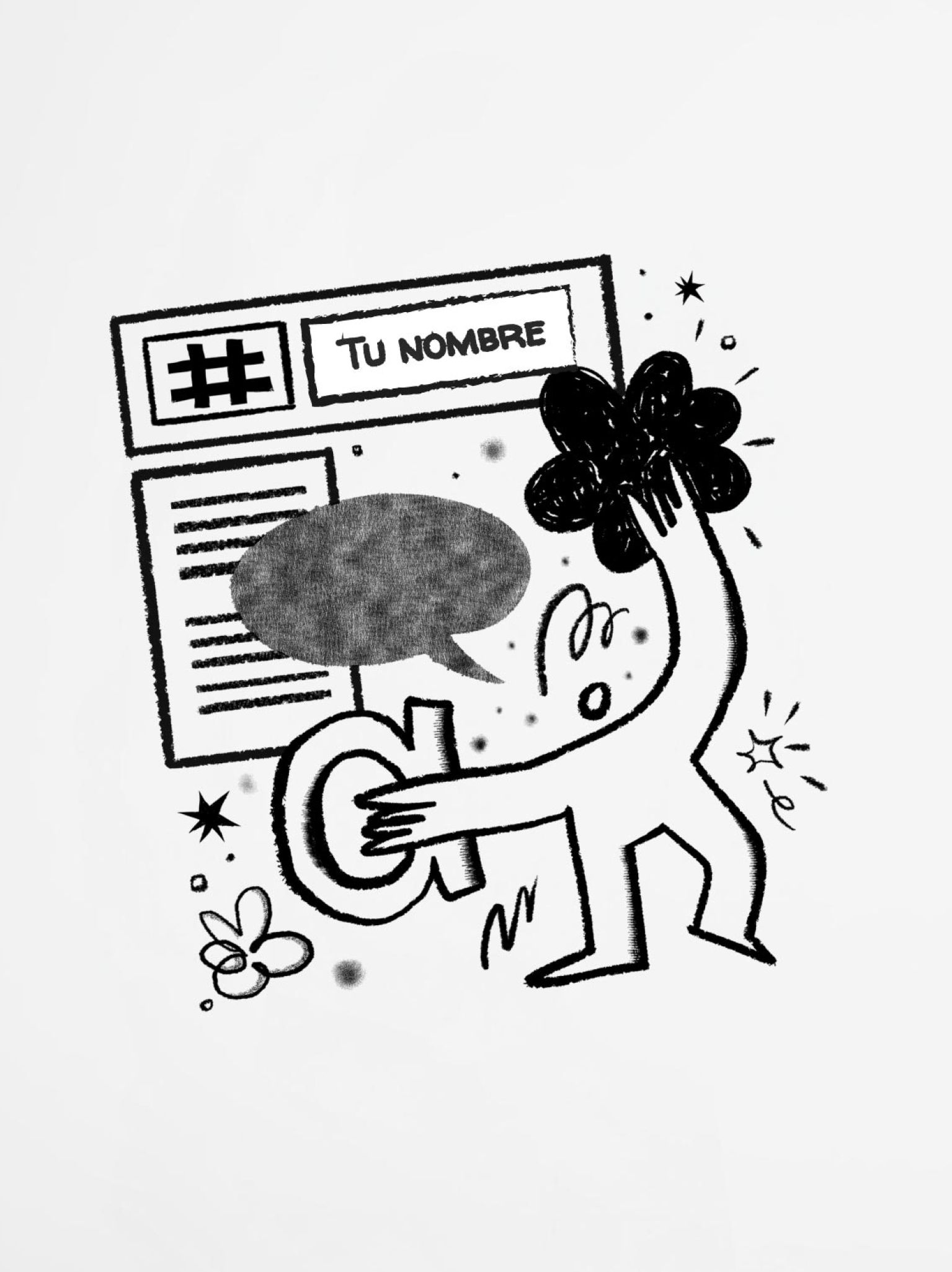 ilustración artística en blanco y negro con personaje, símbolos y espacio para nombre en portada de libreta