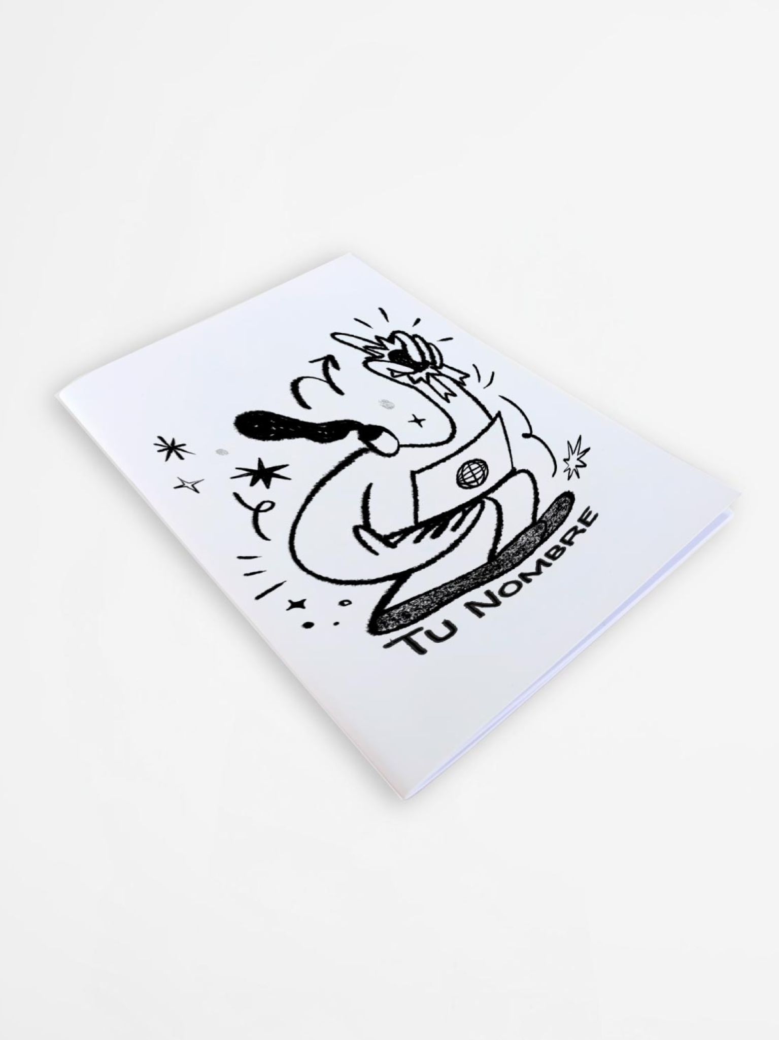 libreta ilustrada con personaje y ordenador portátil en diseño artístico minimalista, personalizable con tu nombre