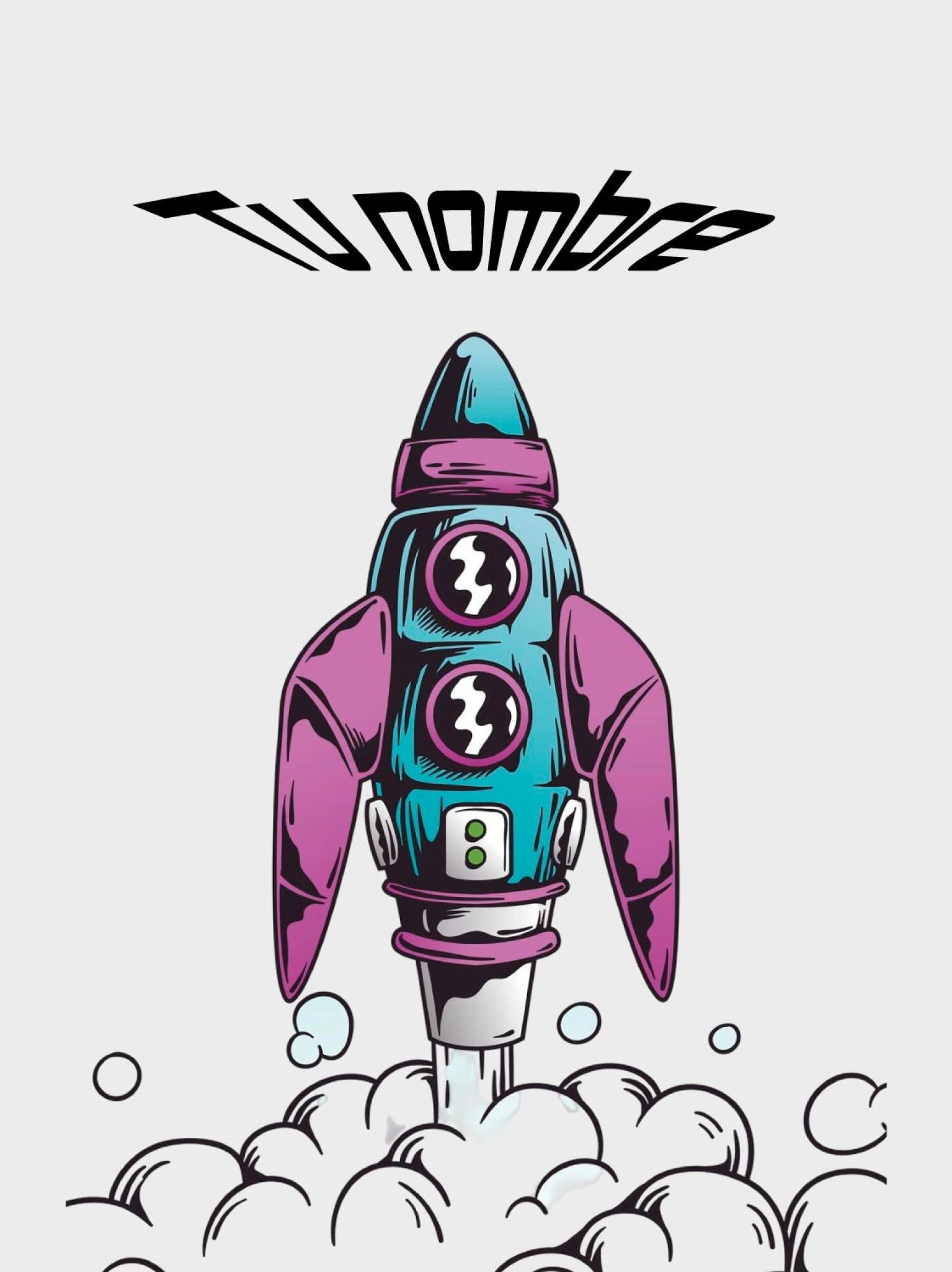 ilustración colorida de cohete despegando con espacio para personalizar con tu nombre en la parte superior