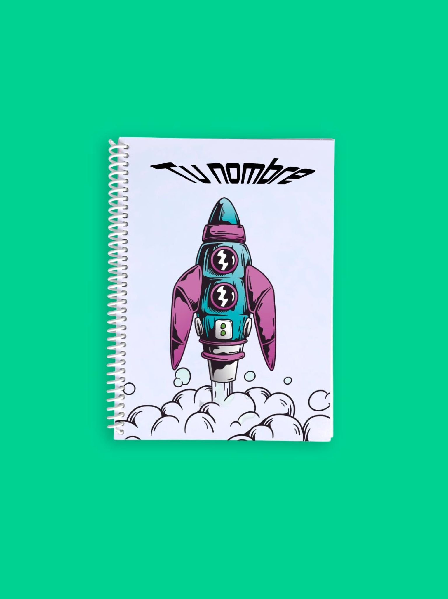 libreta con encuadernación espiral y portada ilustrada con un cohete despegando, personalizable con tu nombre