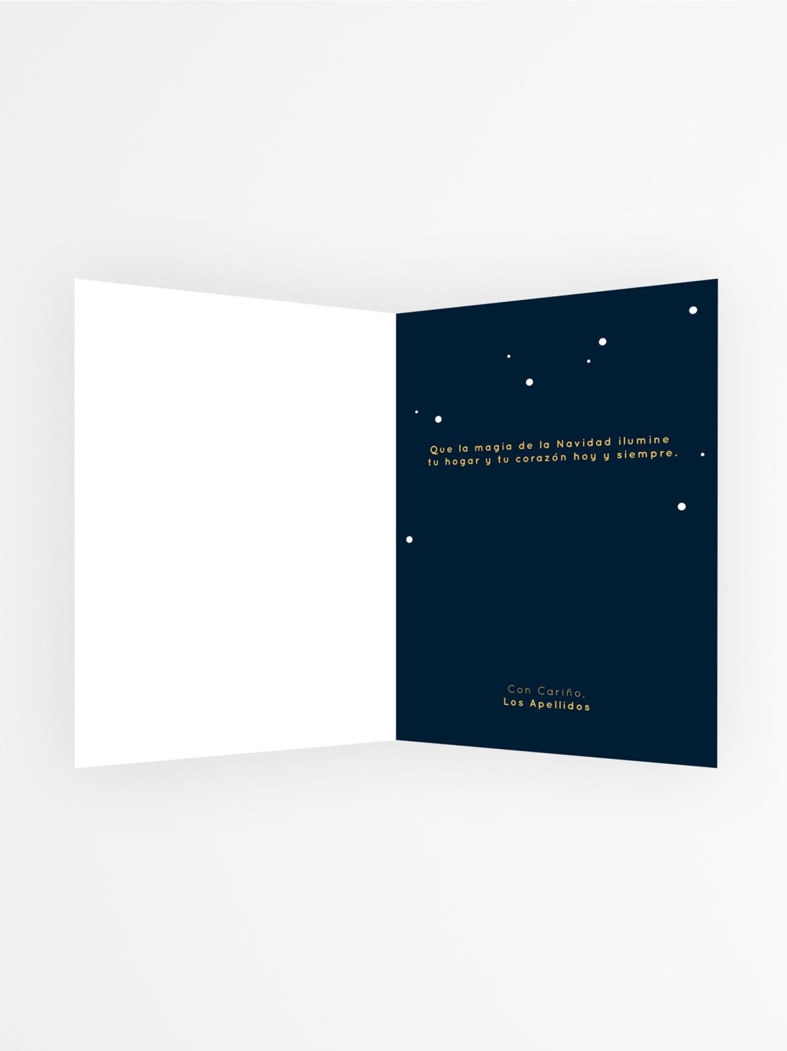 Interior de tarjeta navideña personalizada con mensaje de Navidad y diseño minimalista