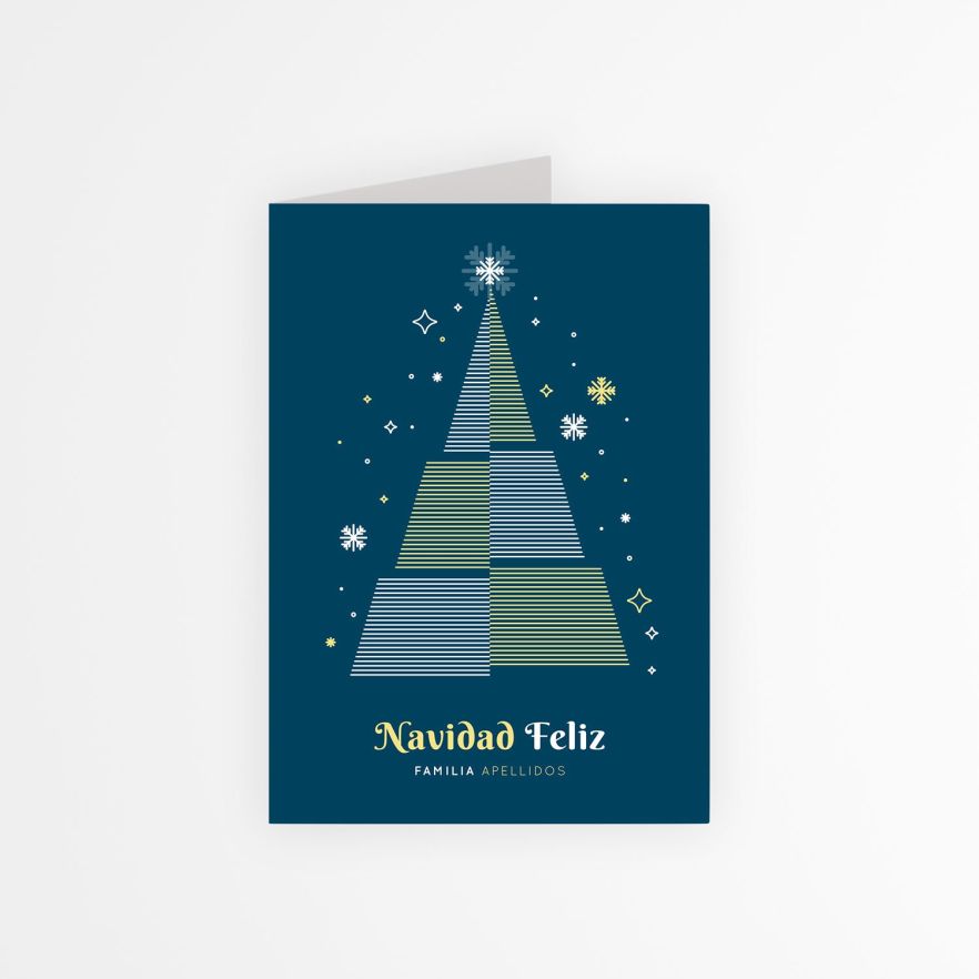 Portada de tarjeta navideña personalizada con árbol geométrico en tonos azules y verdes sobre fondo azul oscuro