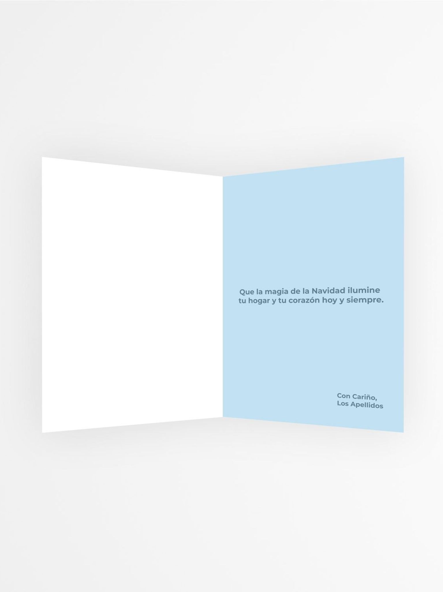 Interior de tarjeta navidad personalizada con fondo celeste y mensaje de amor navide&ntilde;o