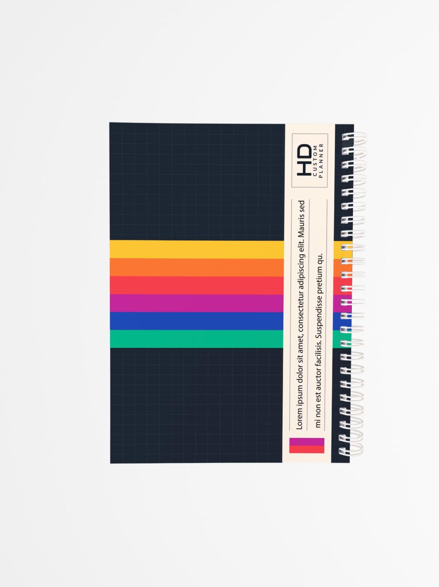 contraportada de agenda personalizada con diseño retro VHS, franjas de colores sobre fondo negro con espiral lateral blanco