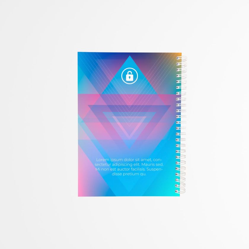 contraportada agenda personalizada en posición diagonal sobre fondo blanco, con diseño geométrico en tonos azules y morados e inscripción.