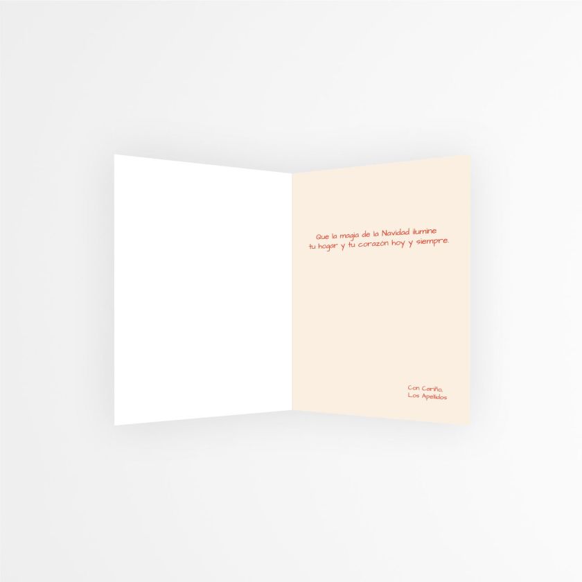 Vista interior de tarjeta navide&ntilde;a personalizada con mensaje emotivo en color rojo y fondo claro