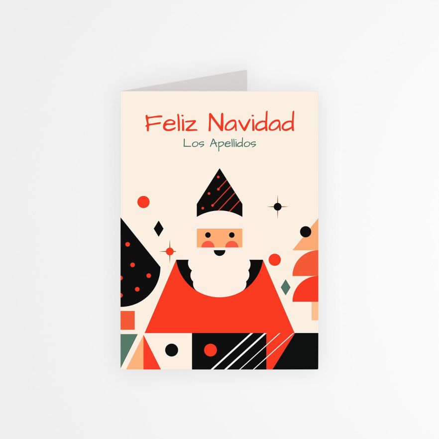Diseño frontal de tarjeta navideña personalizada con ilustración moderna de Papá Noel y texto “Feliz Navidad”