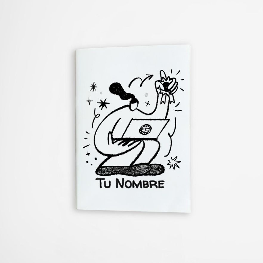 libreta con ilustración creativa de persona usando portátil y levantando un trofeo, estilo artístico en blanco y negro