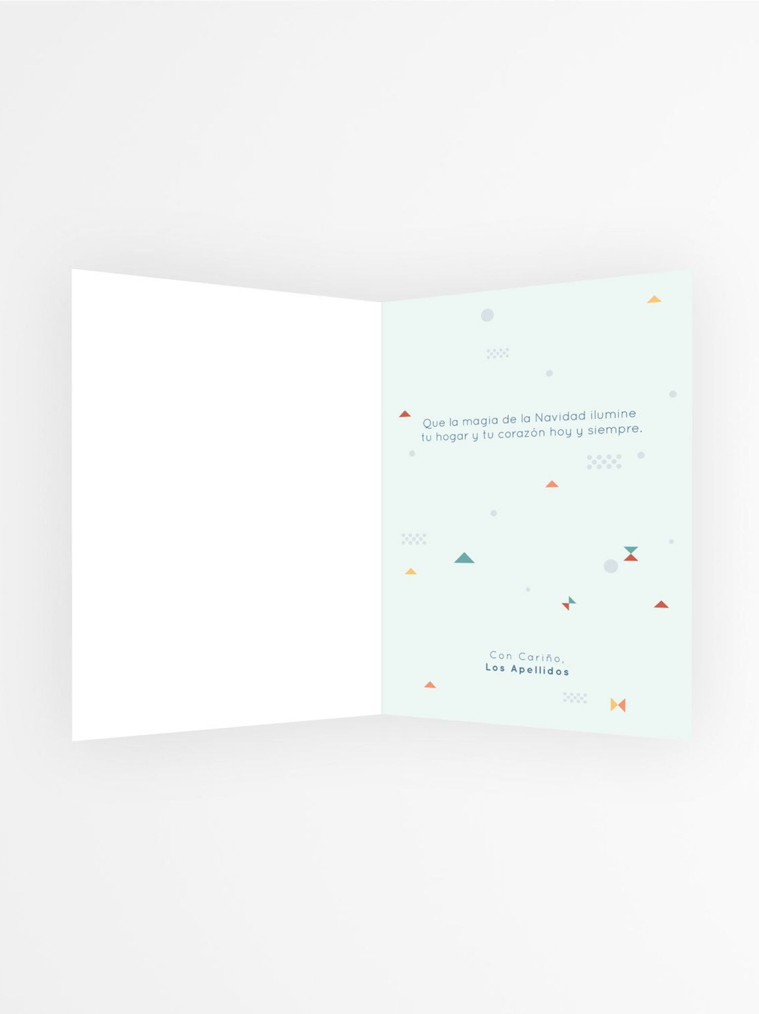Interior de tarjeta de Navidad personalizada con mensaje emotivo e ilustraciones geom&eacute;tricas