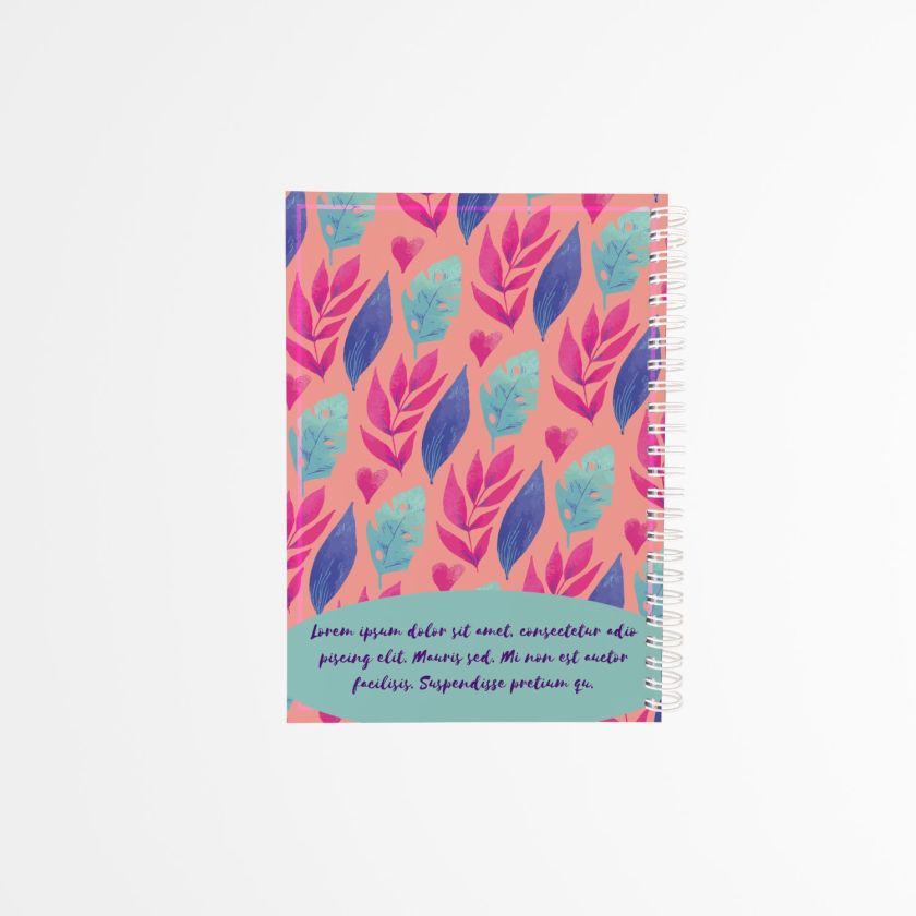 contraportada de agenda personalizada con diseño de hojas coloridas en tonos cálidos y fríos, con fondo coral y encuadernación blanca
