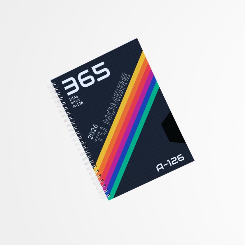 agenda personalizada con dise&ntilde;o retro VHS, portada negra con franjas de colores y espiral blanco, ideal para organizar 365 d&iacute;as