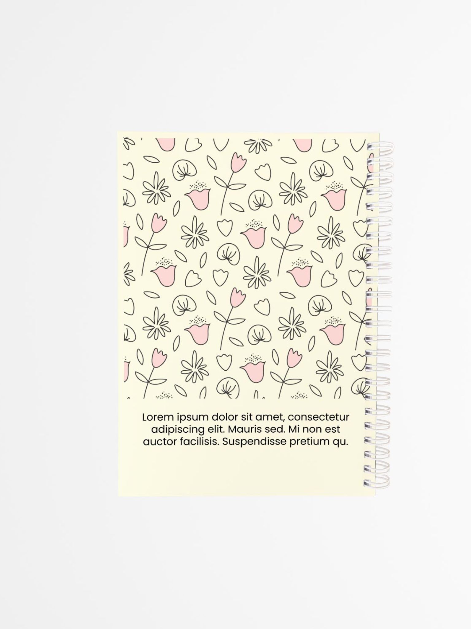 contraportada de agenda personalizada con patrón floral lineal en color crema y rosa claro, encuadernada en espiral blanca