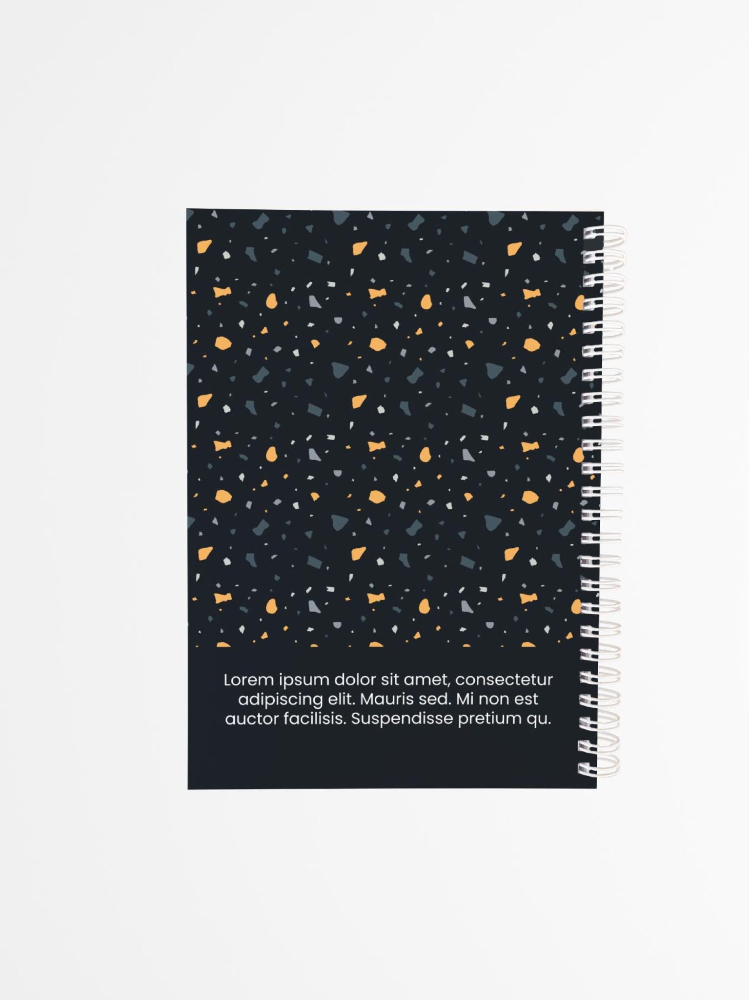 contraportada de agenda personalizada con estampado terrazzo minimalista en tonos oscuros y detalles color mostaza