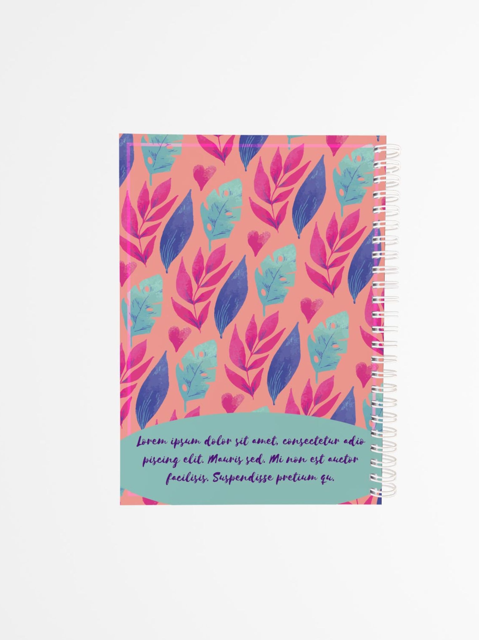 contraportada de agenda personalizada con diseño de hojas coloridas en tonos cálidos y fríos, con fondo coral y encuadernación blanca