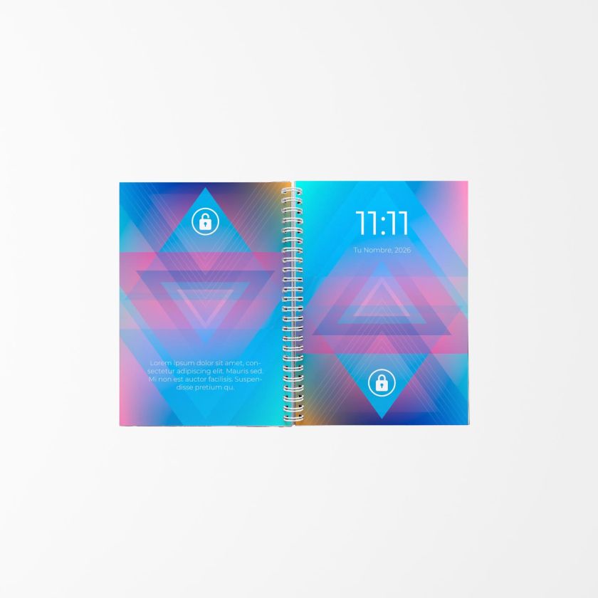 vista abierta de una agenda personalizada con diseño geométrico en tonos azules y violetas, encuadernada con espiral central y portada con texto “11:11 Tu Nombre, 2026”