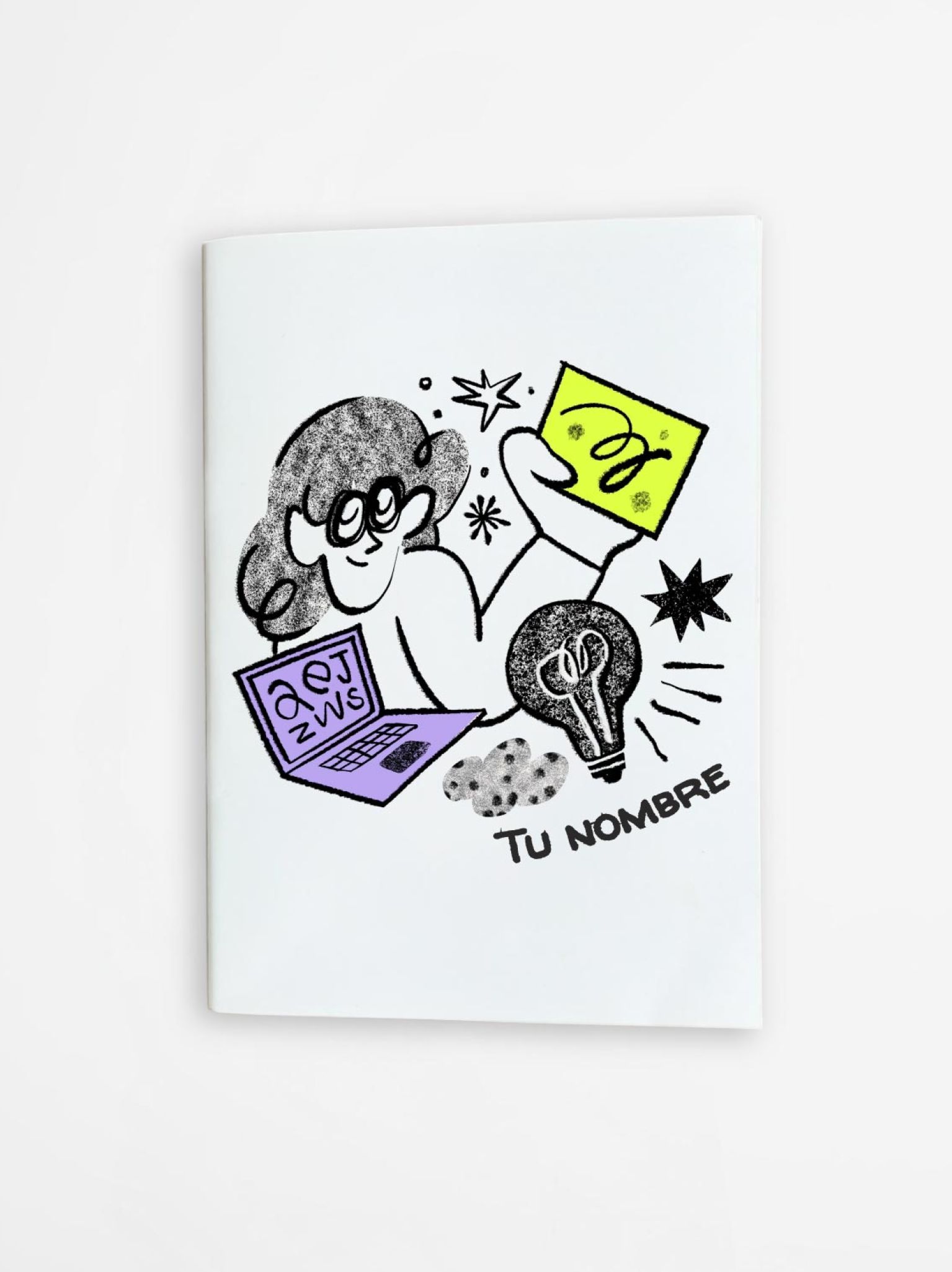 libreta artística con personaje ilustrado, ordenador portátil, bombilla y notas de colores, estilo diseño moderno