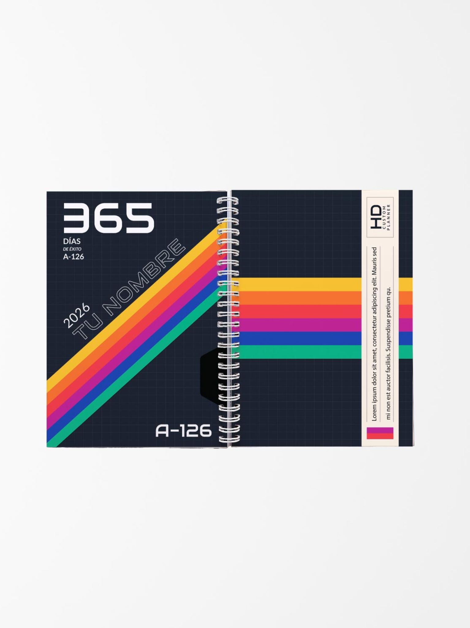agenda abierta con diseño moderno en tonos oscuros, espiral central y franjas de colores diagonales sobre fondo blanco