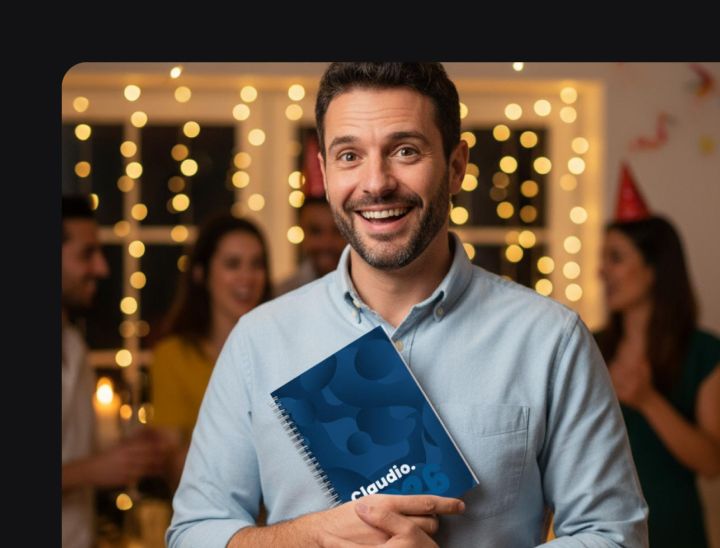 hombre sonriente sostiene una agenda personalizada azul con su nombre impreso, ideal como regalo original y pr&aacute;ctico