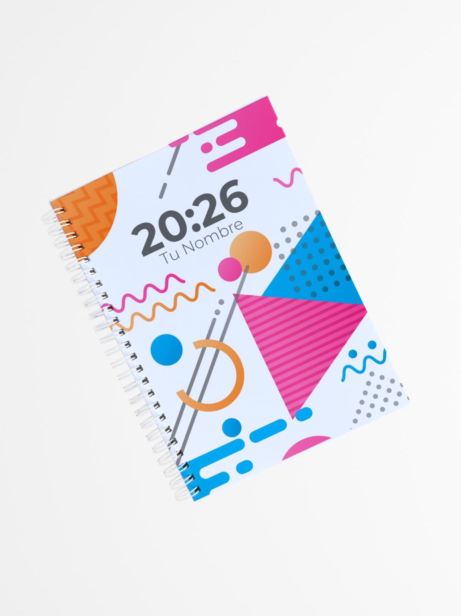 portada de agenda personalizada con formas geométricas coloridas y espiral lateral, sobre fondo blanco minimalista