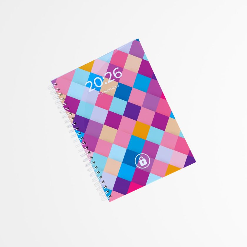 portada de agenda personalizada con patrón geométrico de rombos multicolor y texto “2026 Tu Nombre” sobre fondo blanco