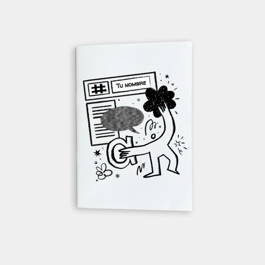 libreta con dise&ntilde;o ilustrado minimalista en blanco y negro, personalizable con tu nombre, ideal para notas y creatividad