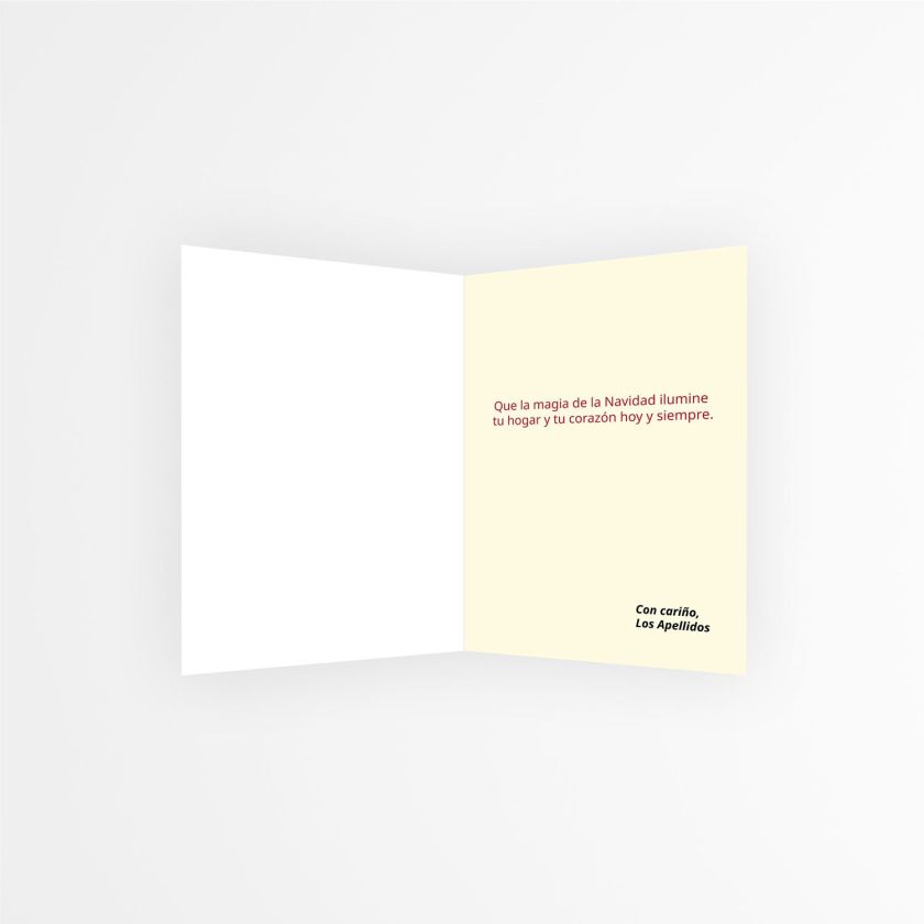 Interior de tarjeta personalizada de Navidad con texto “Que la magia de la Navidad ilumine tu hogar y tu corazón hoy y siempre”