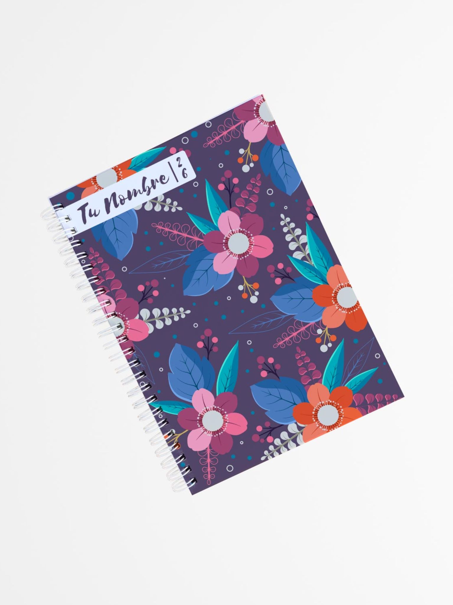 portada de agenda personalizada con dise&ntilde;o floral moderno sobre fondo morado, con texto &ldquo;Tu Nombre 2026&rdquo; y encuadernado en espiral lateral