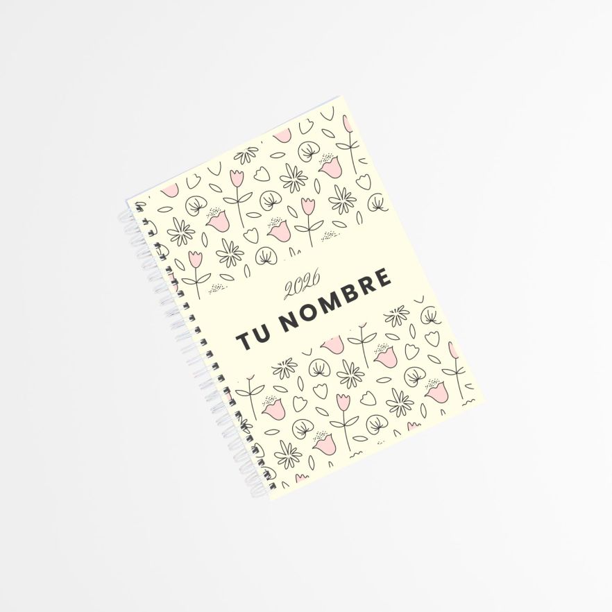 portada de agenda personalizada 2026 con dise&ntilde;o floral minimalista en tonos pastel y encuadernaci&oacute;n blanca en espiral