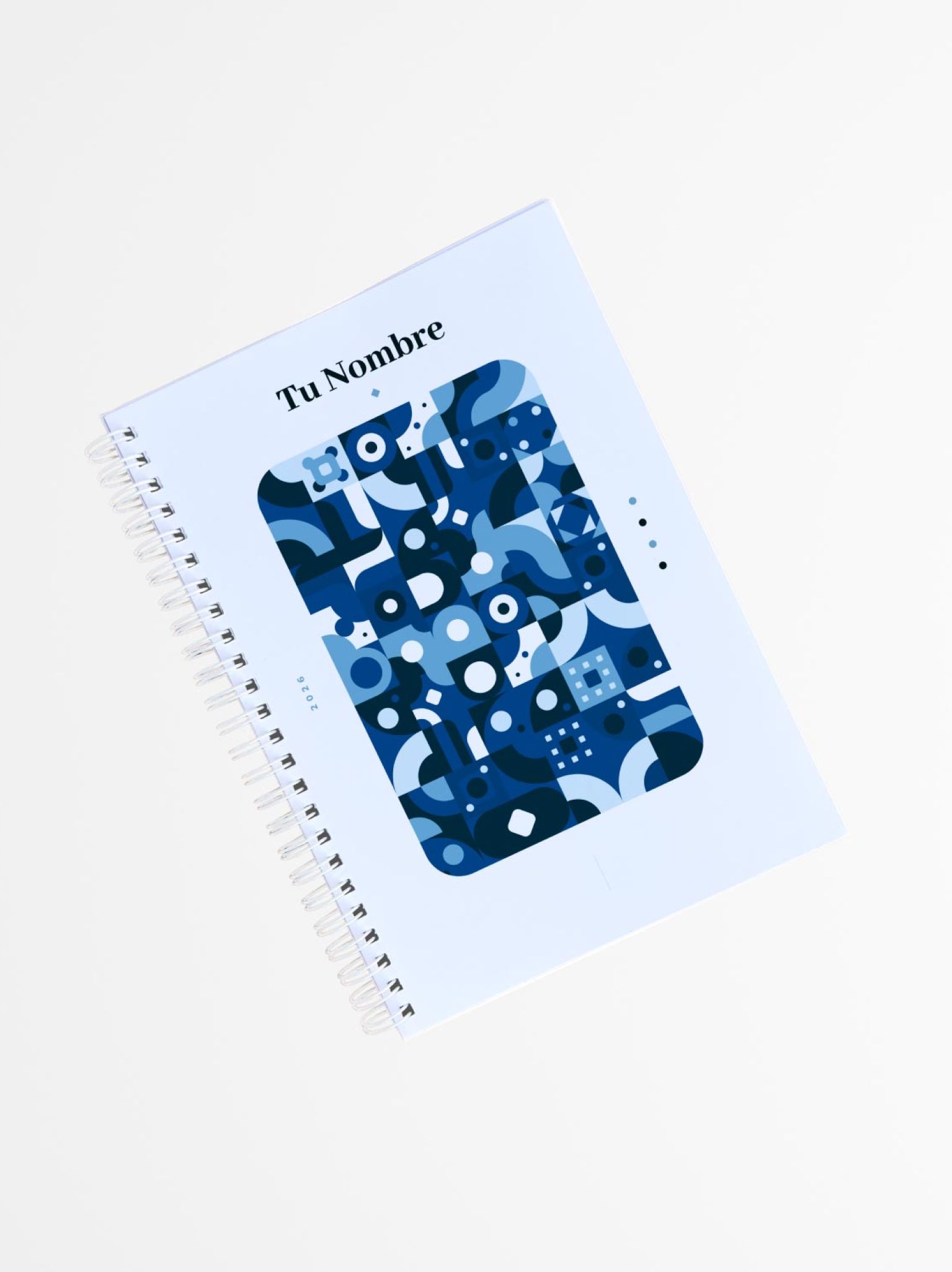 portada de agenda personalizada con diseño geométrico en tonos azules y blancos, estilo moderno y encuadernación en espiral blanca