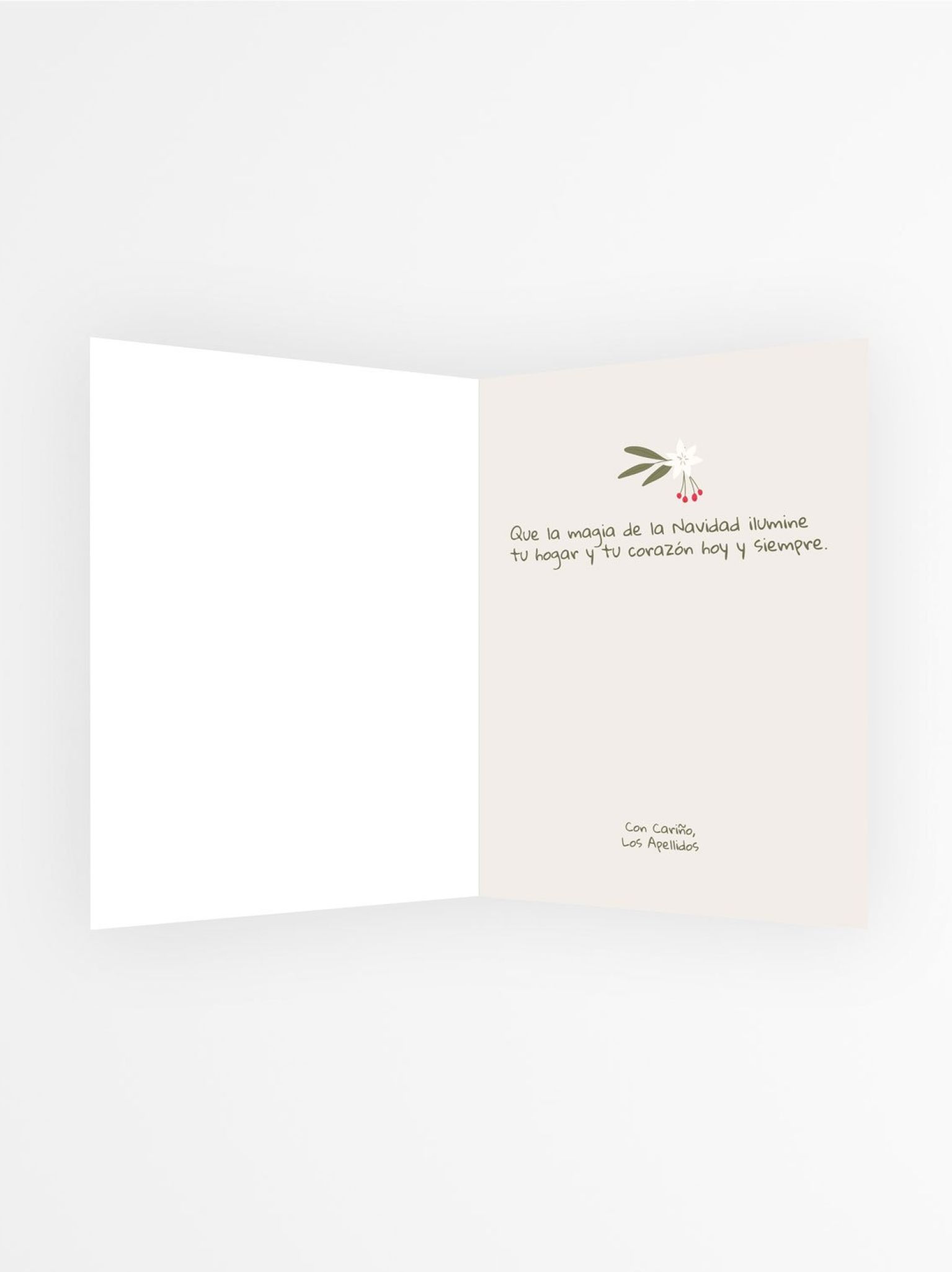 Interior de tarjeta navide&ntilde;a con foto personalizable con mensaje navide&ntilde;o y decoraci&oacute;n floral
