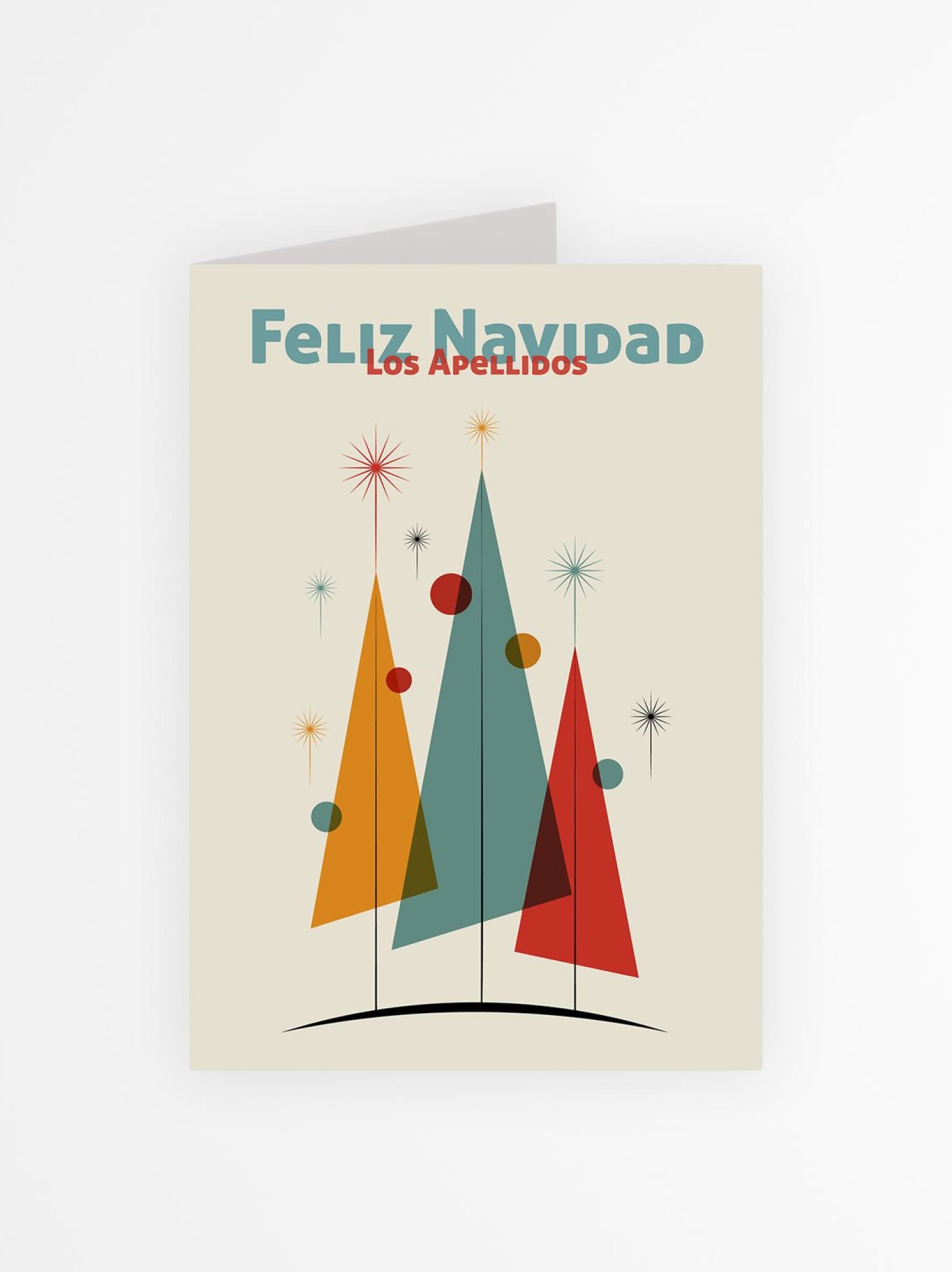 Portada de tarjeta navide&ntilde;a personalizada con &aacute;rboles de Navidad geom&eacute;tricos y texto personalizable