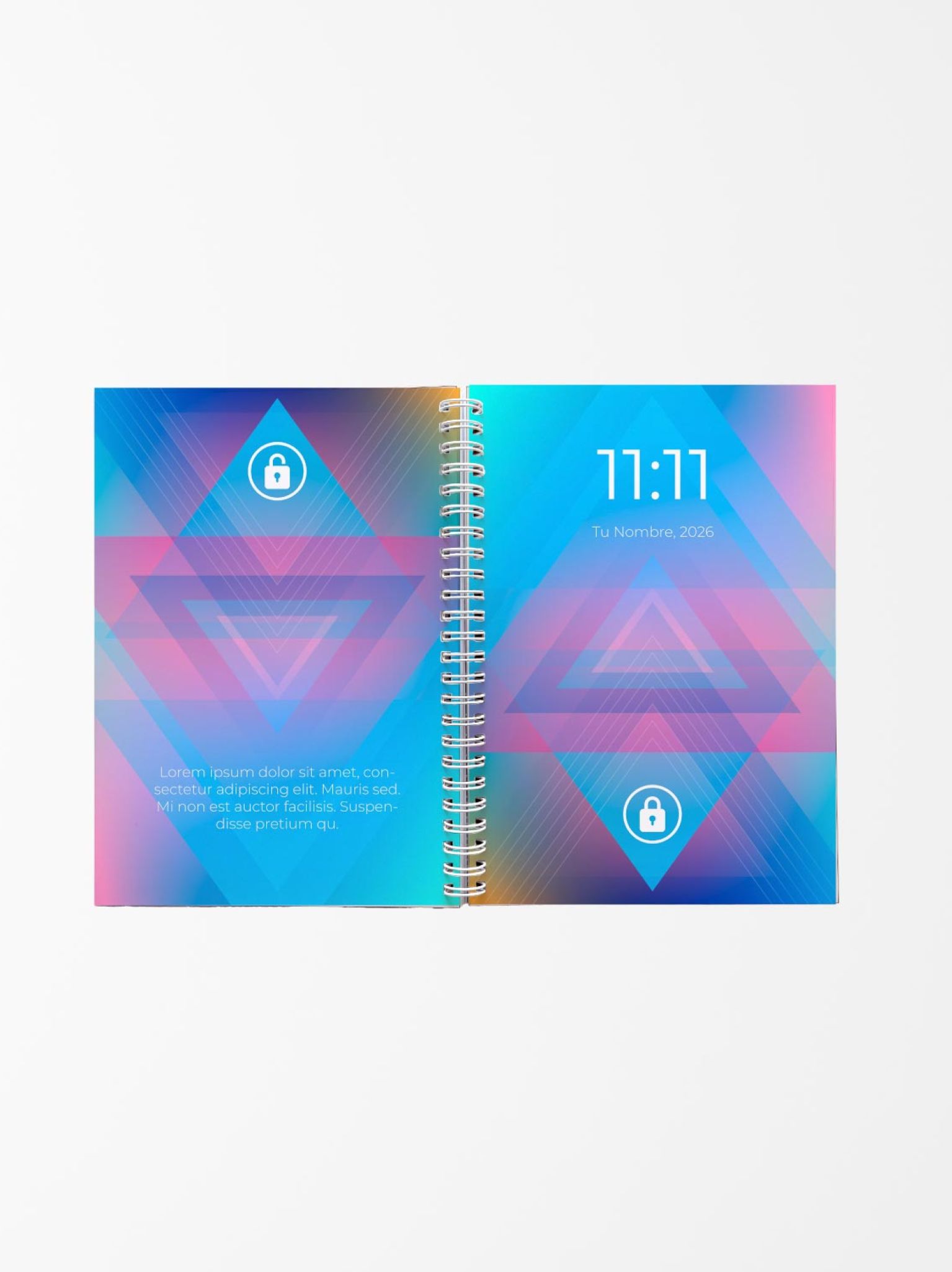 vista abierta de una agenda personalizada con diseño geométrico en tonos azules y violetas, encuadernada con espiral central y portada con texto “11:11 Tu Nombre, 2026”