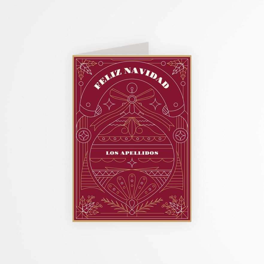 Portada de tarjeta navide&ntilde;a personalizada en color rojo con dise&ntilde;o de ornamento elegante