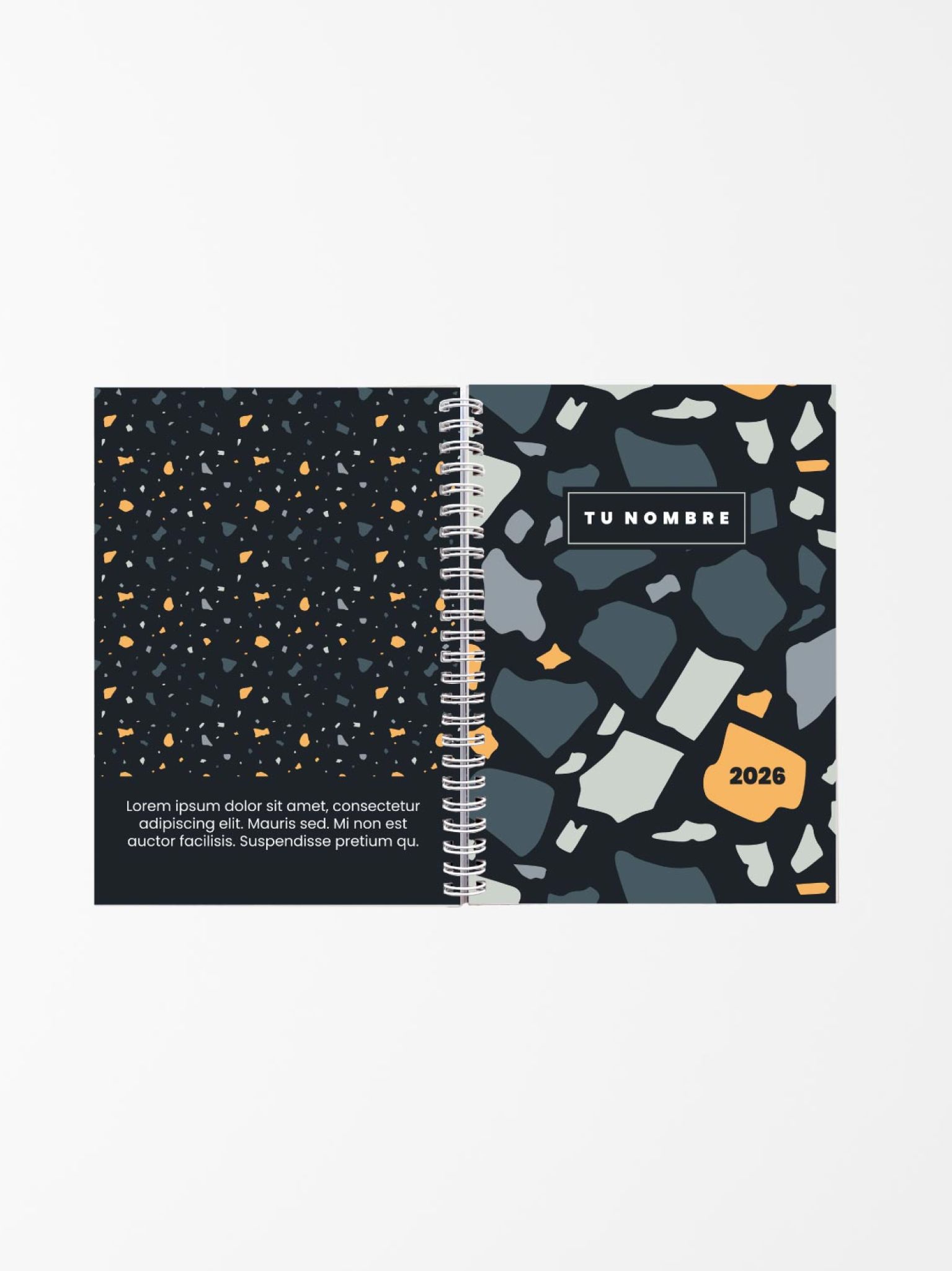 vista abierta de agenda personalizada con fondo oscuro y diseño terrazzo en colores gris, azul y naranja, encuadernada con espiral blanca