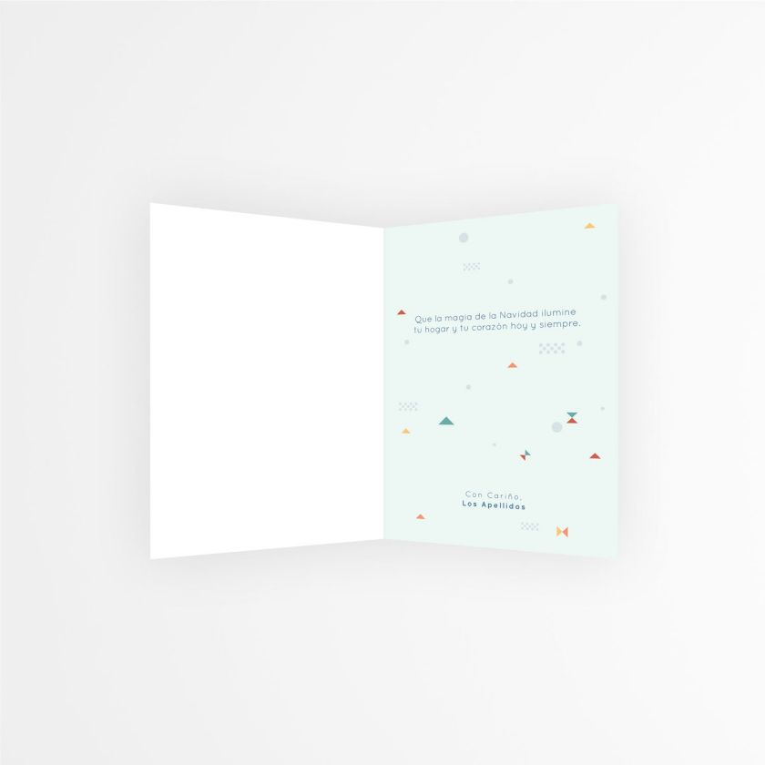 Interior de tarjeta de Navidad personalizada con mensaje emotivo e ilustraciones geom&eacute;tricas
